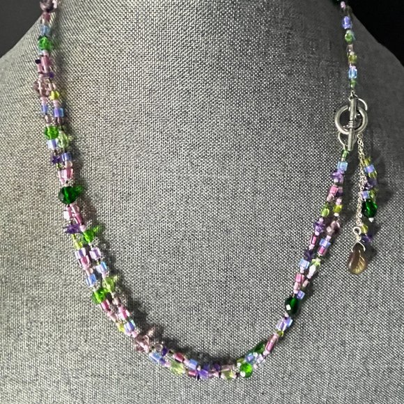 NEW Springtime Green Purple Blue & Pink Beads & Silver Tassel 2-Strand Necklace - Picture 6 of 7